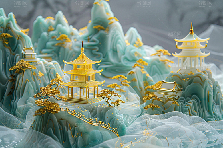 国潮光效建筑传统梦幻模型