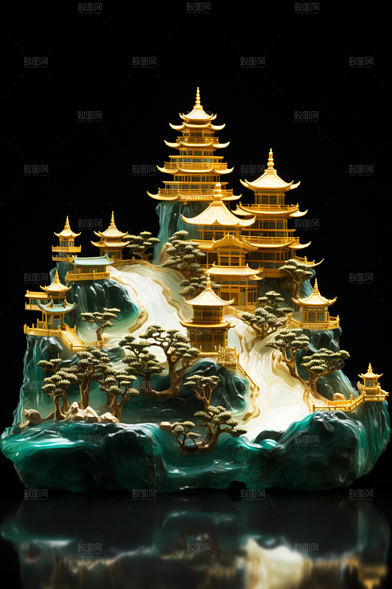 国潮光效建筑山水立体模型