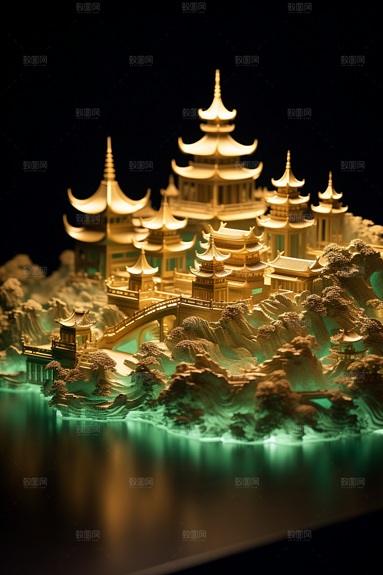 国潮光效建筑幻想风3D模型