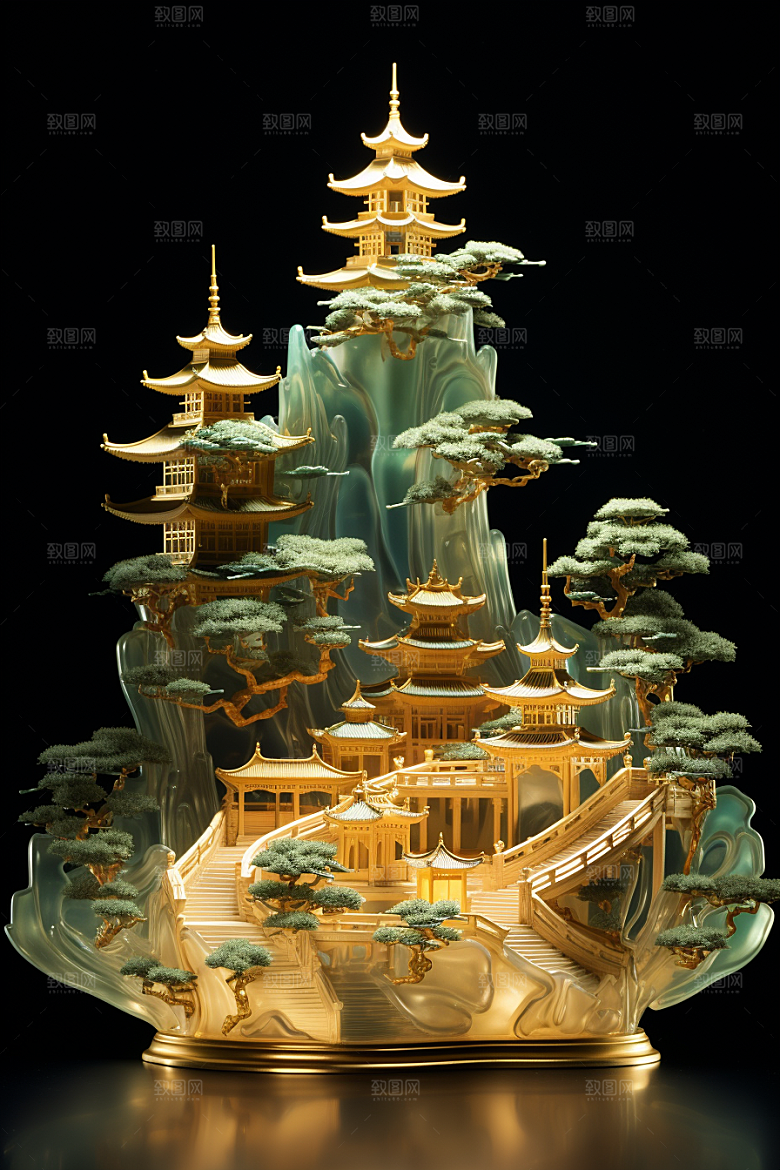国潮光效建筑山水传统模型