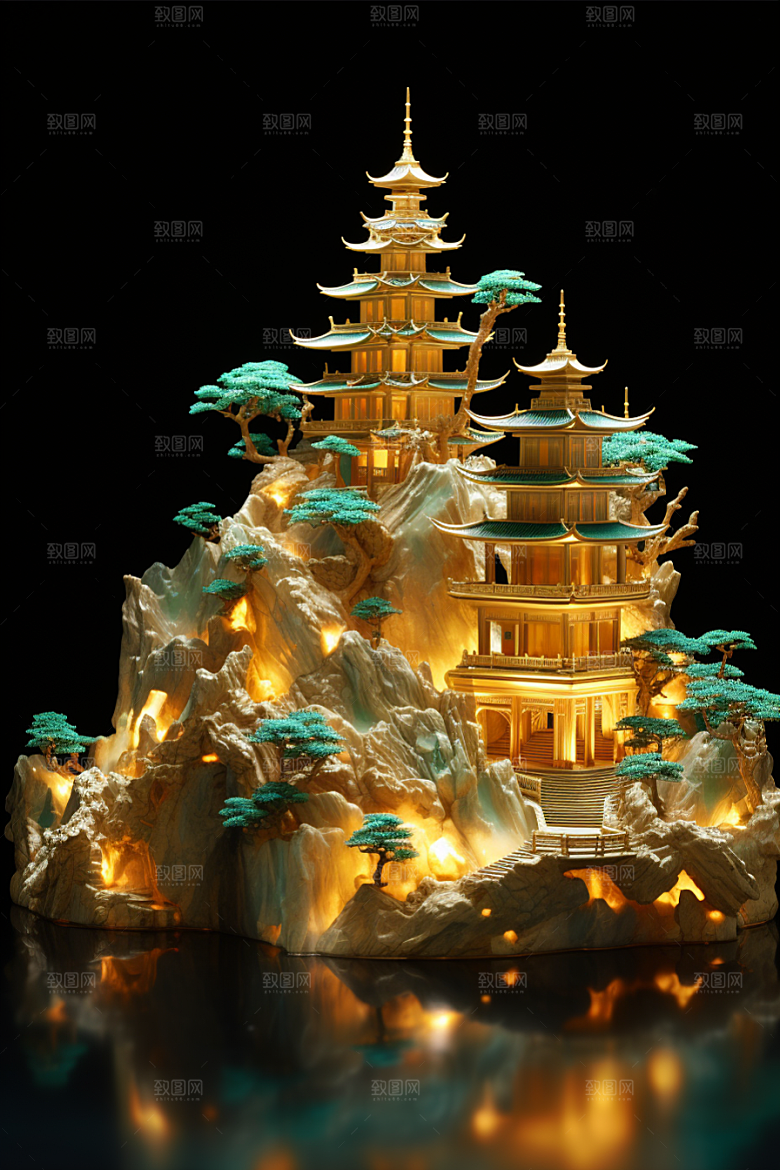 国潮光效建筑立体赛博朋克模型