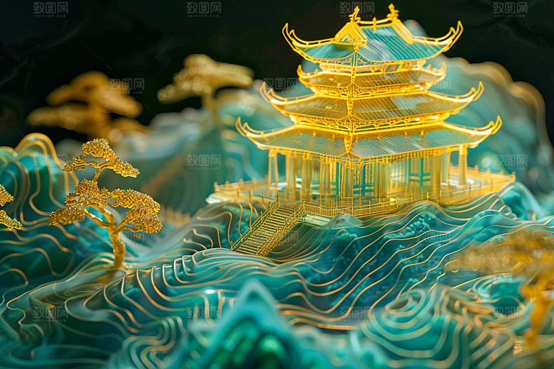 国潮光效建筑质感梦幻模型