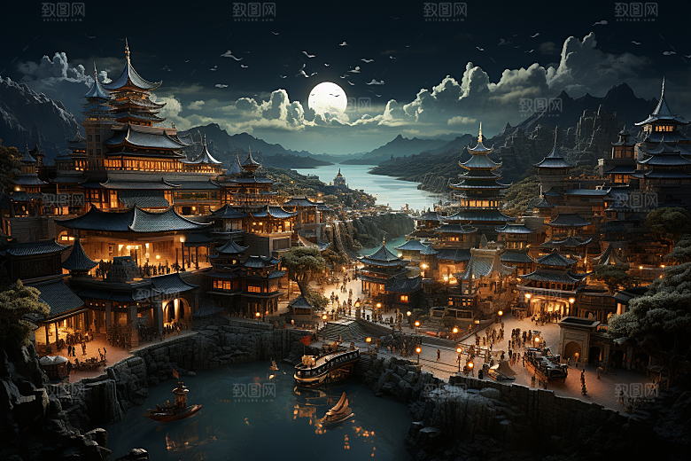 国潮光效建筑赛博朋克幻想风模型