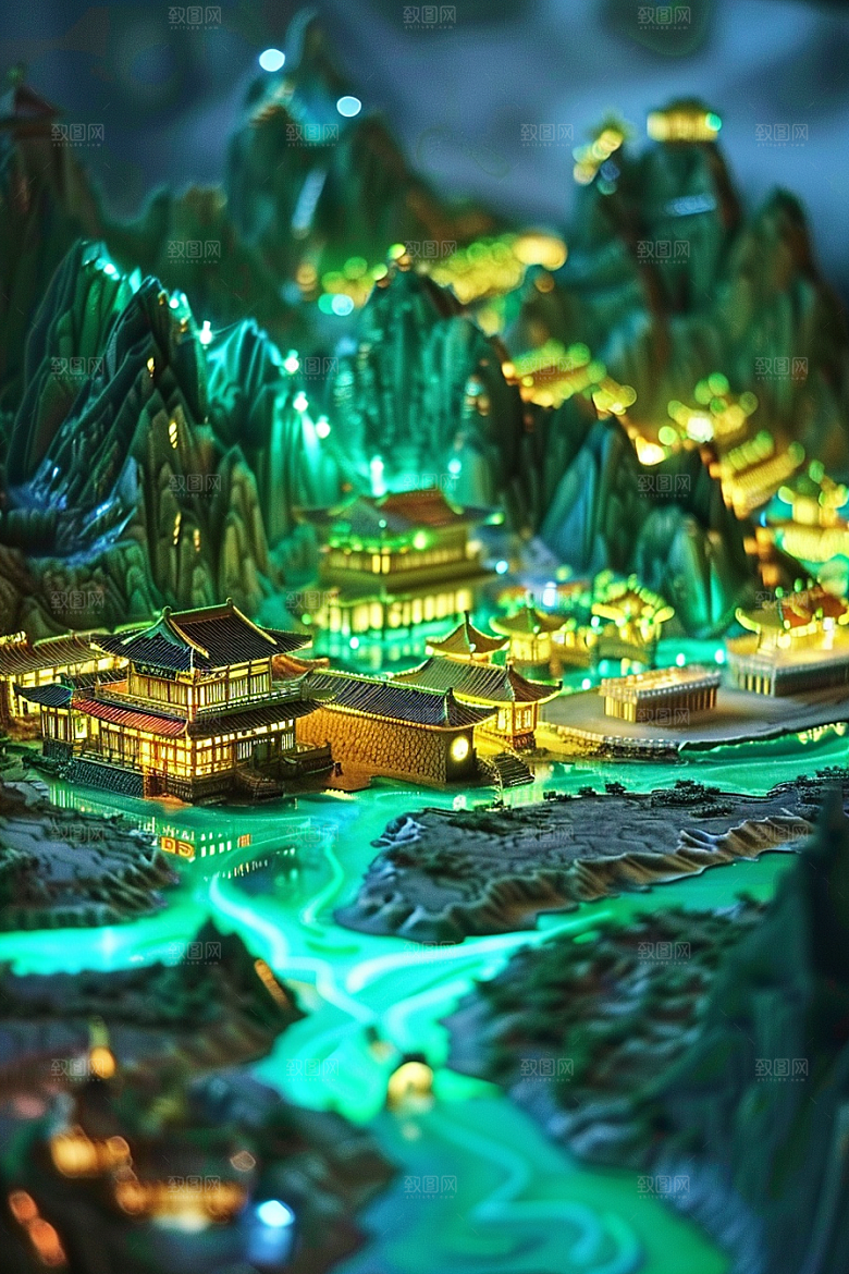 国潮光效建筑中国风质感模型