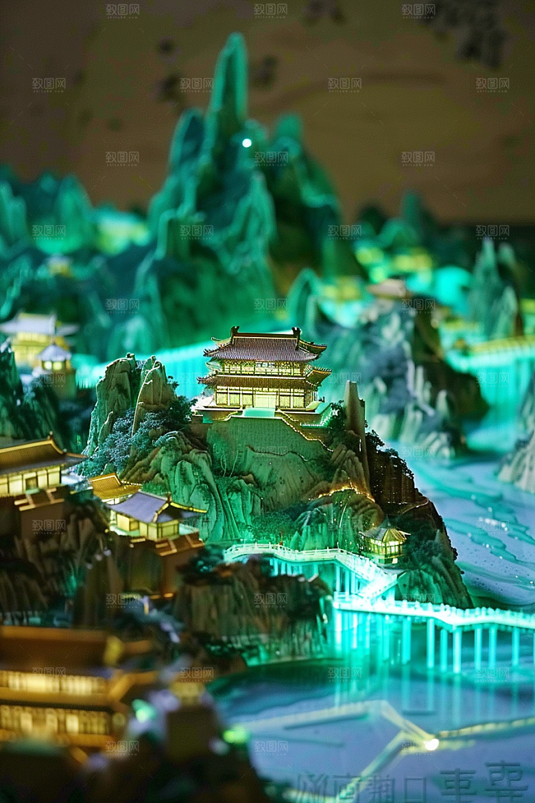 国潮光效建筑梦幻潮流模型