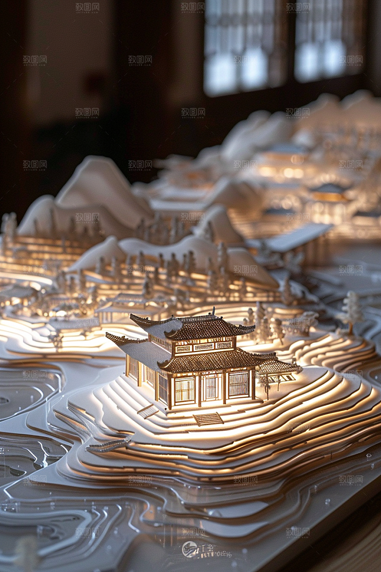 国潮光效建筑山水梦幻模型