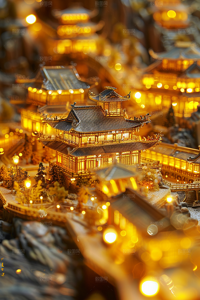 国潮光效建筑中国风微距模型