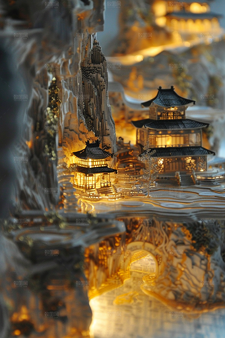 国潮光效建筑传统立体模型