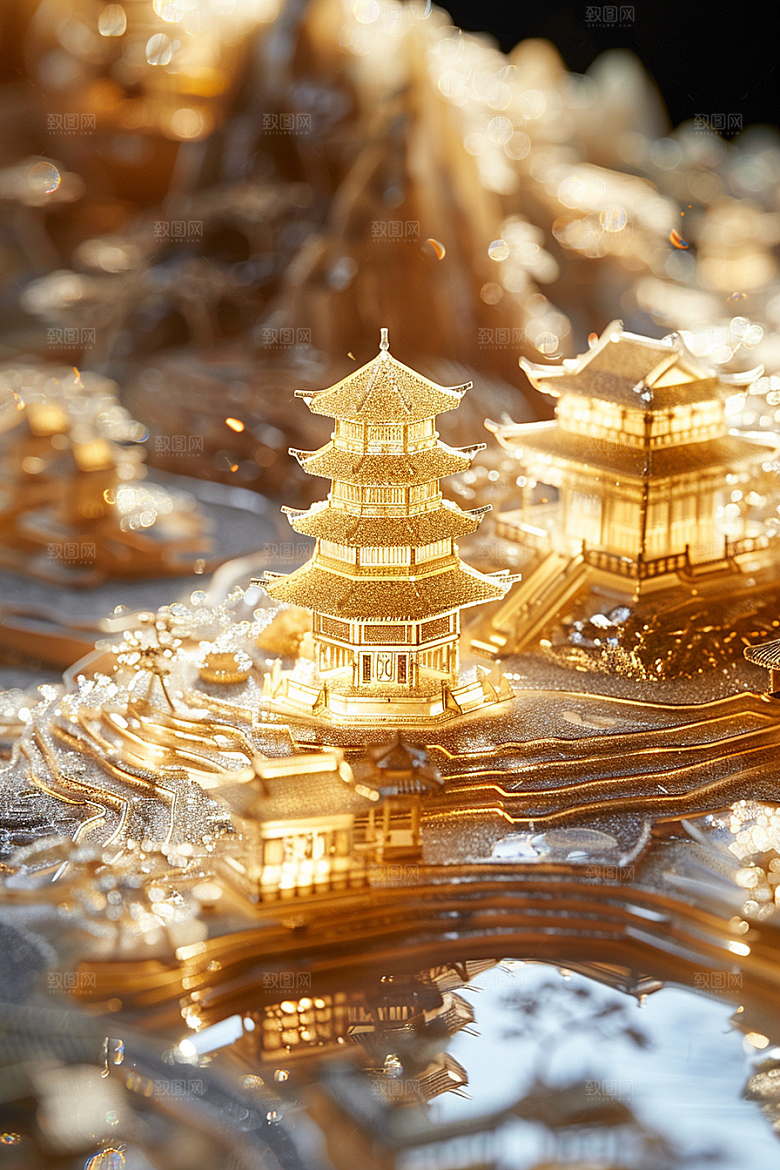 国潮光效建筑中国风赛博朋克模型