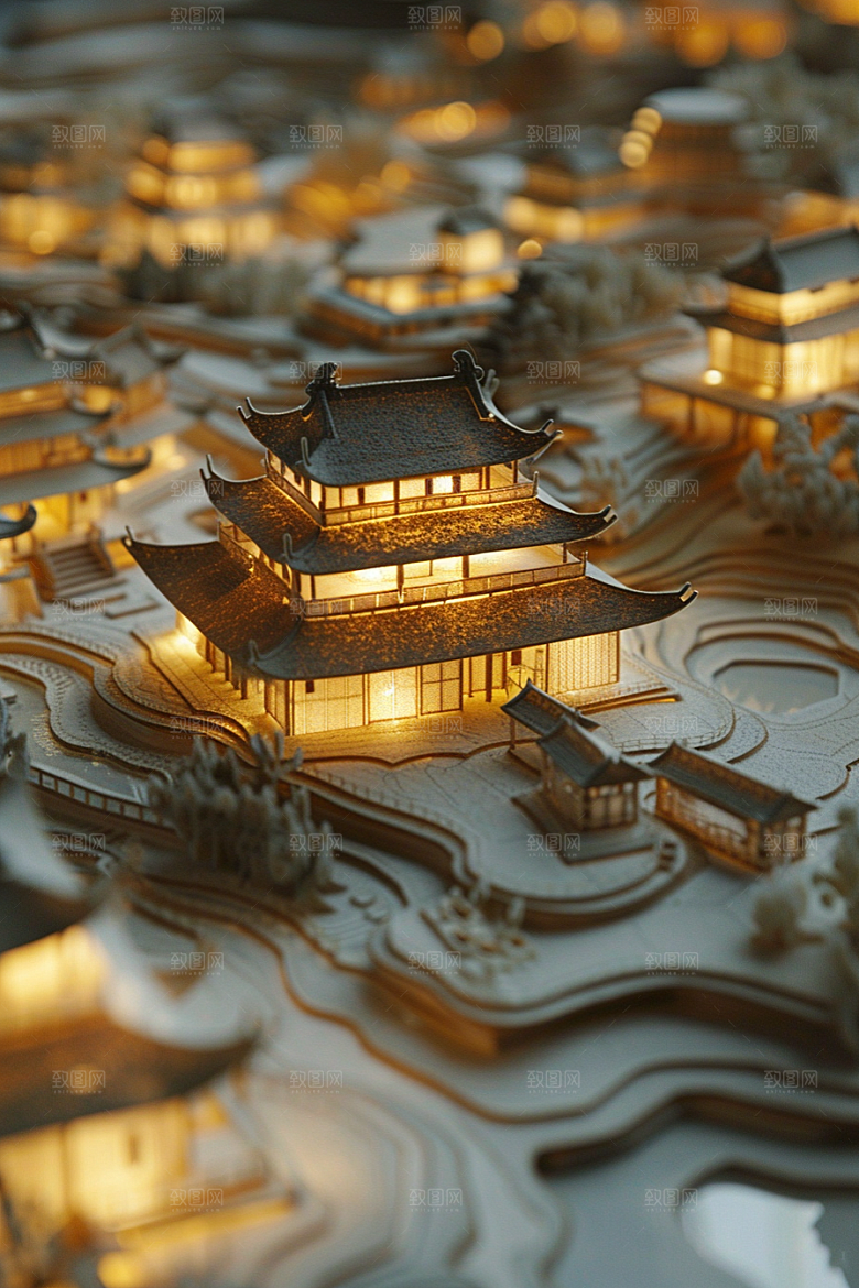 国潮光效建筑梦幻超现实模型