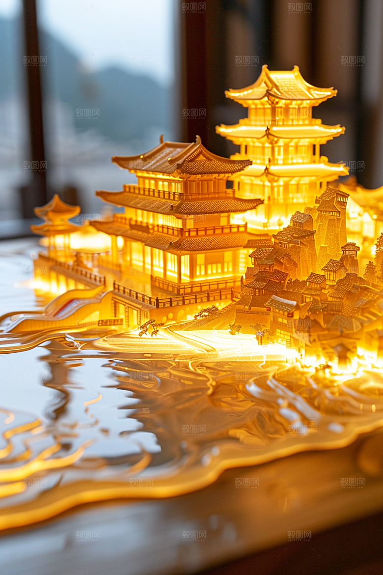 国潮光效建筑中国风传统模型