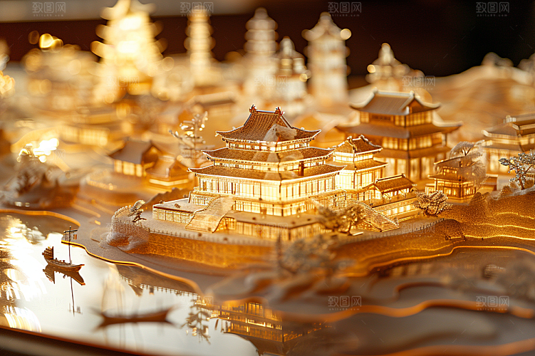 国潮光效建筑中国风3D模型