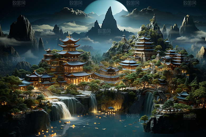 国潮光效建筑幻想风赛博朋克模型