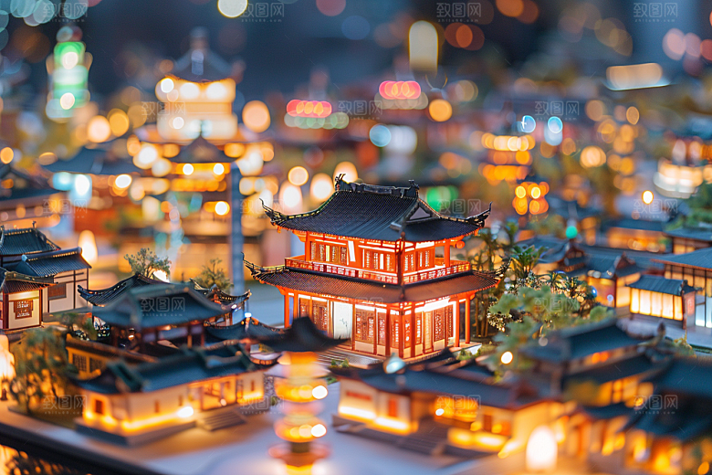 国潮光效建筑3D赛博朋克模型