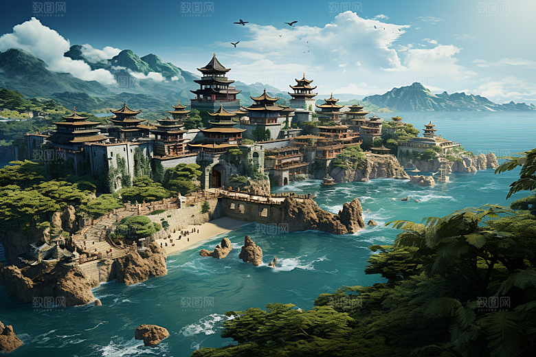 国潮光效建筑梦幻高清模型