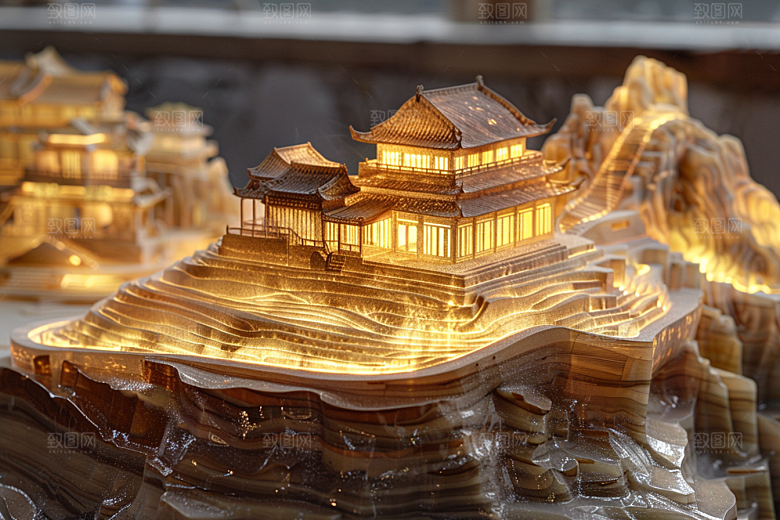 国潮光效建筑山水赛博朋克模型