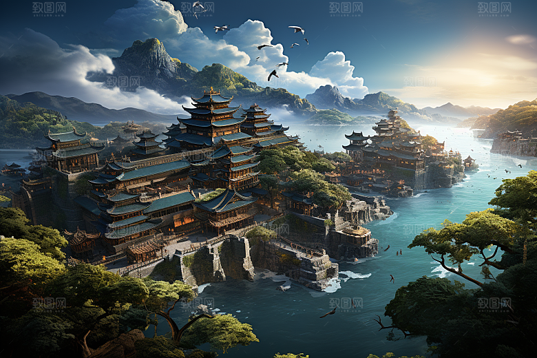 国潮光效建筑中国风3D模型