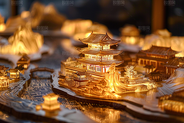 国潮光效建筑3D中国风模型