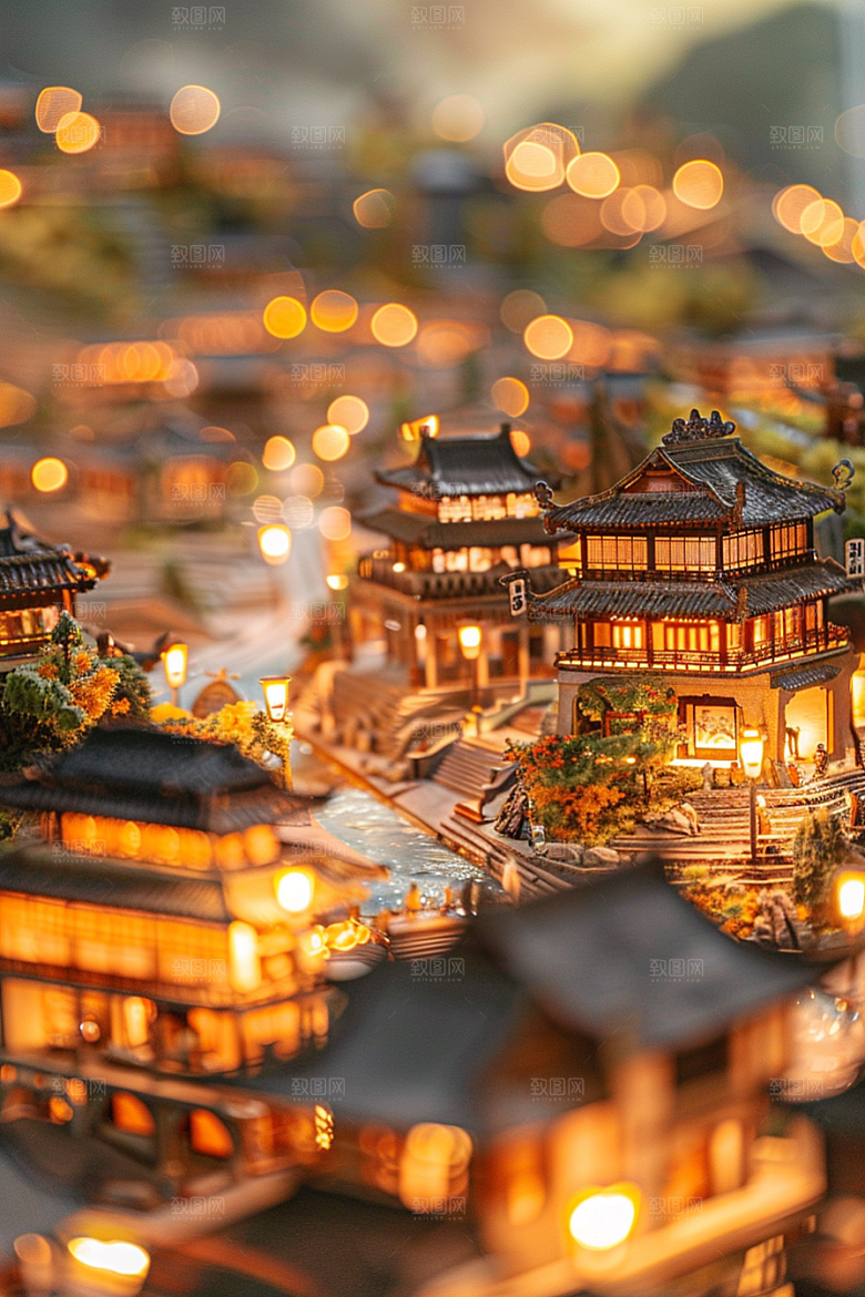 国潮光效建筑立体质感模型