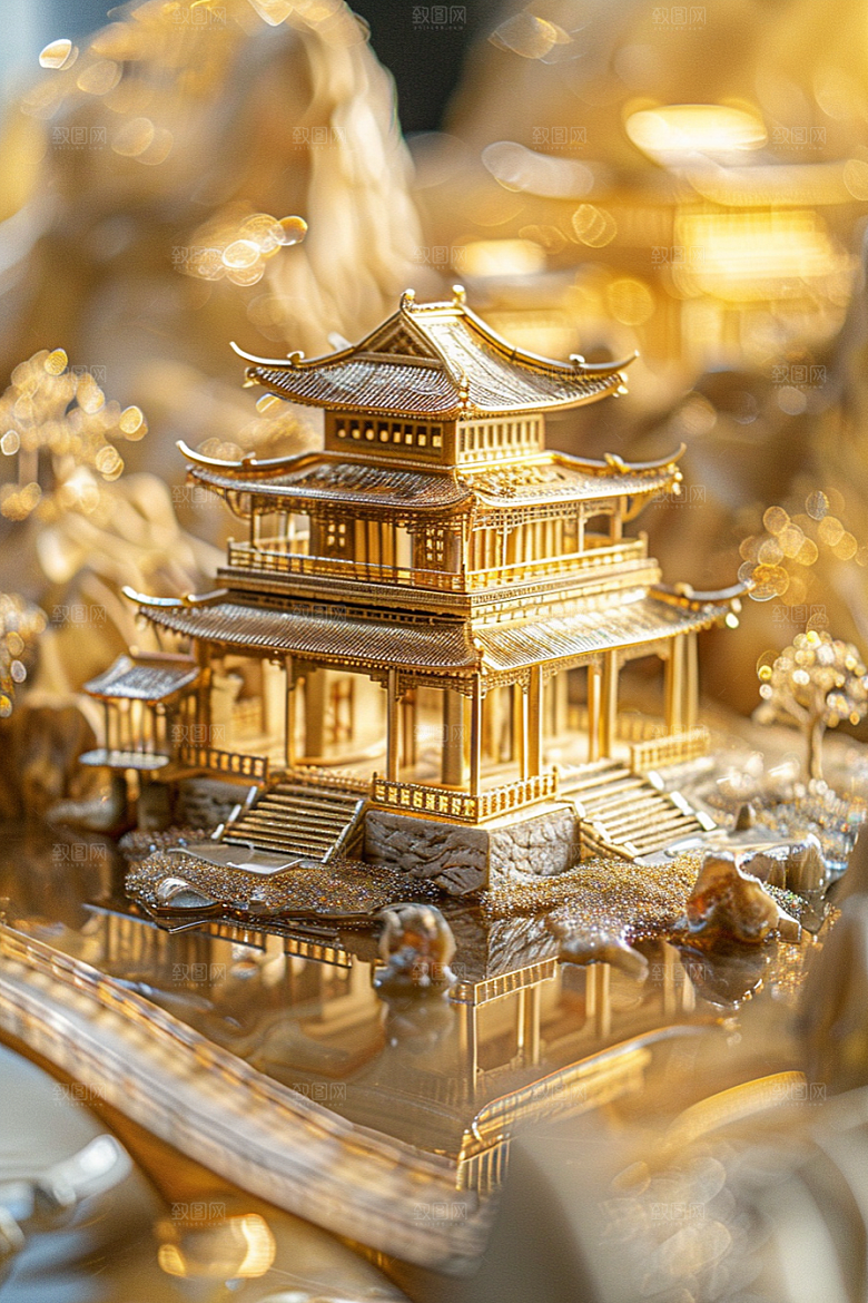 国潮光效建筑3D质感模型