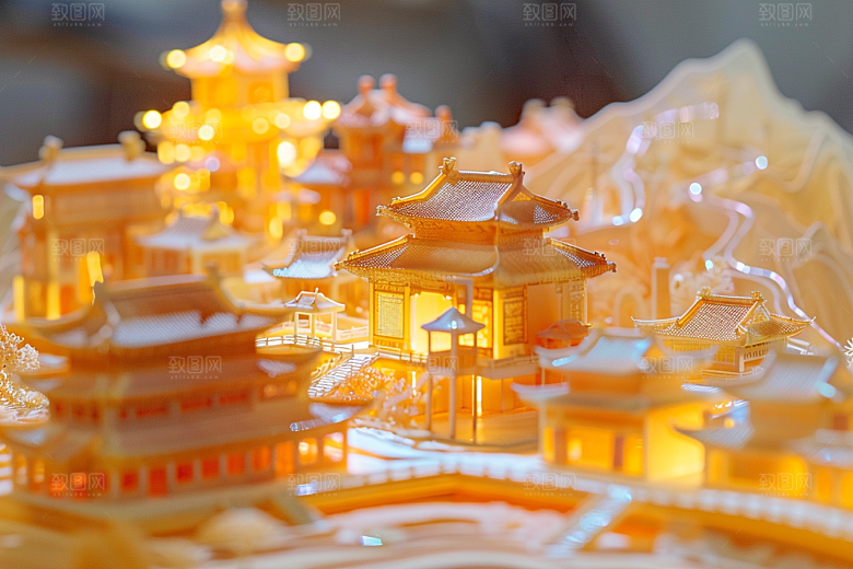 国潮光效建筑梦幻中国风模型