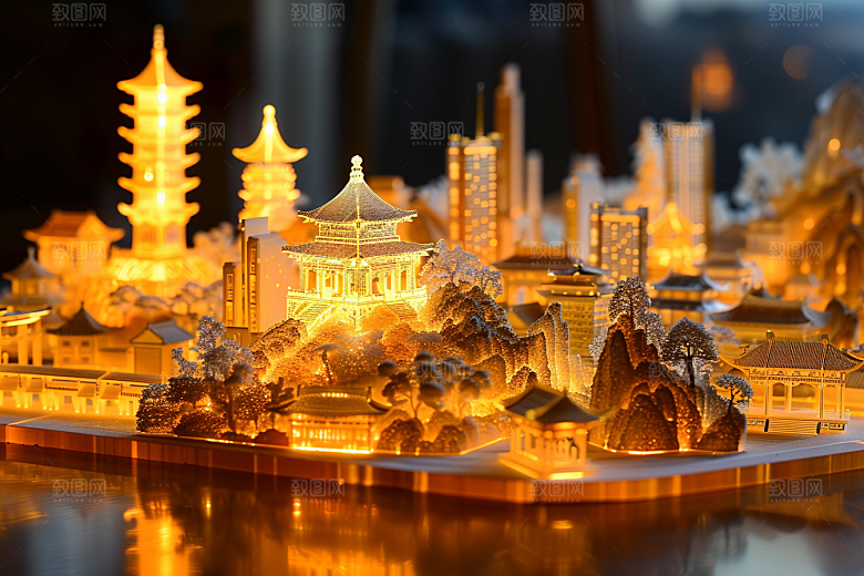 国潮光效建筑3D梦幻模型