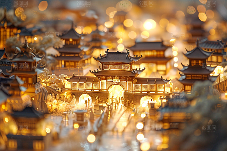 国潮光效建筑梦幻潮流模型