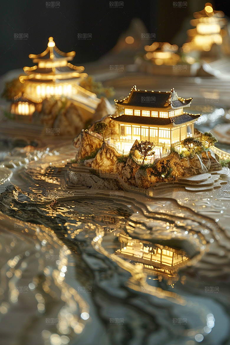 国潮光效建筑3D中国风模型