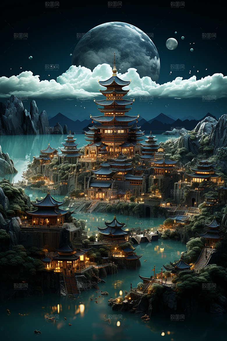 国潮光效建筑山水3D模型