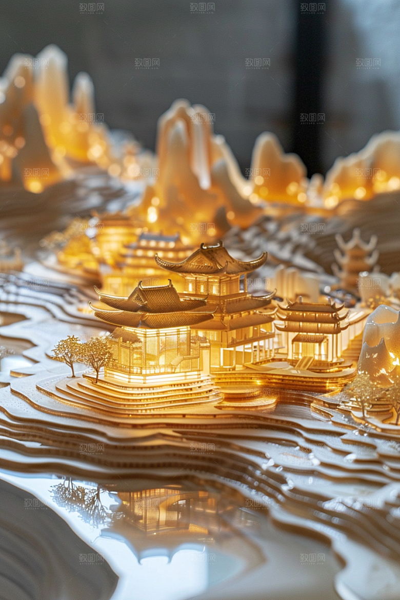 国潮光效建筑梦幻立体模型
