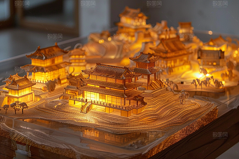 国潮光效建筑质感梦幻模型
