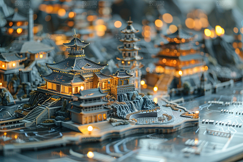 国潮光效建筑中国风时尚模型