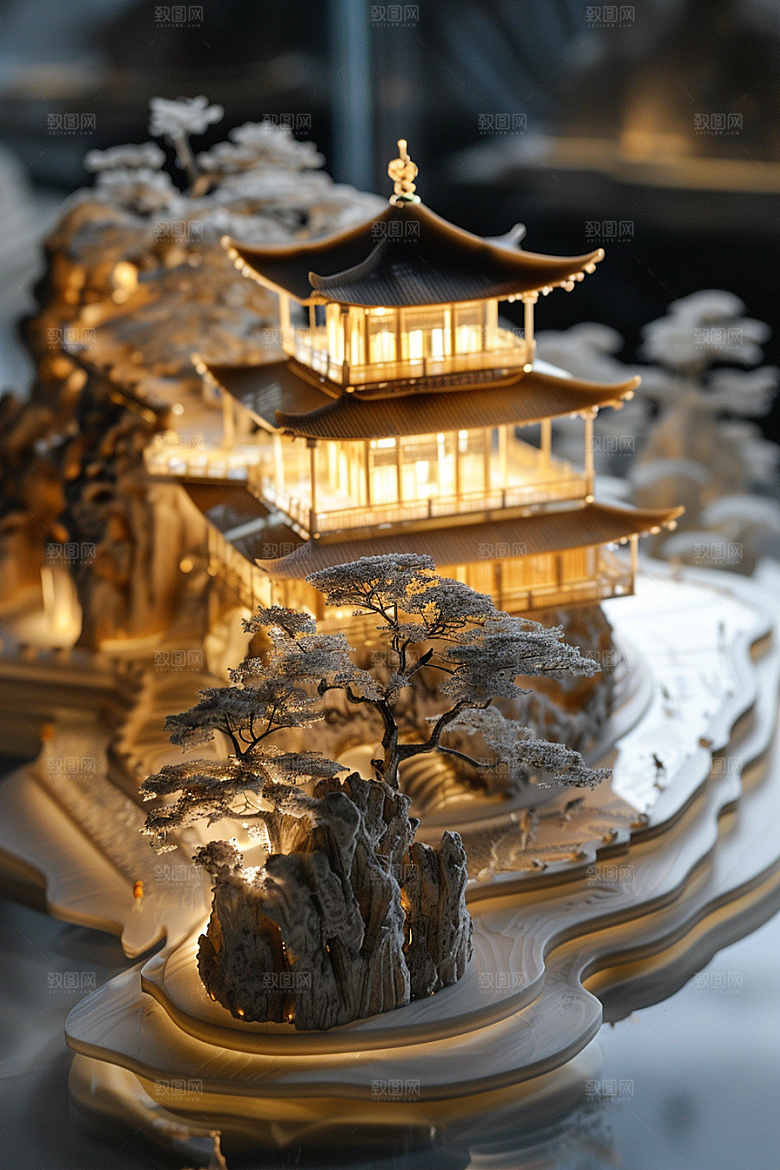 国潮光效建筑微距潮流模型