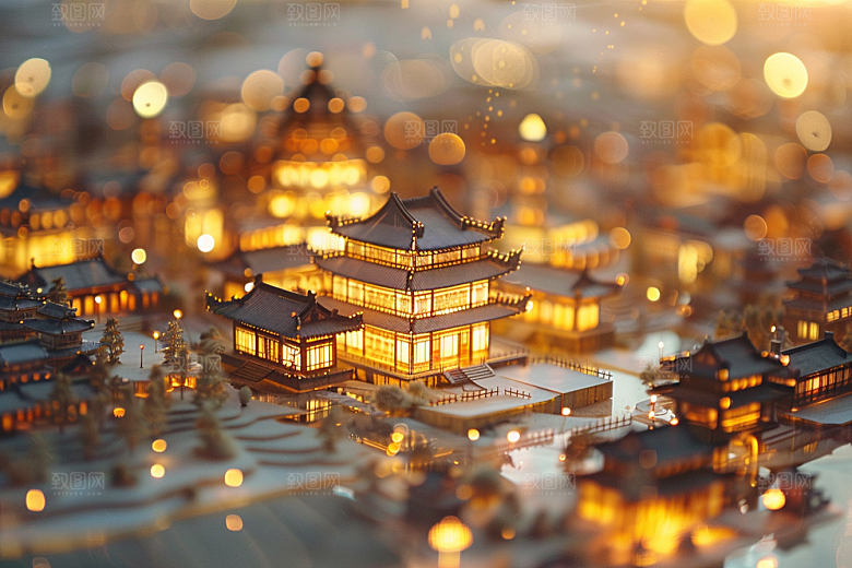 国潮光效建筑中国风传统模型