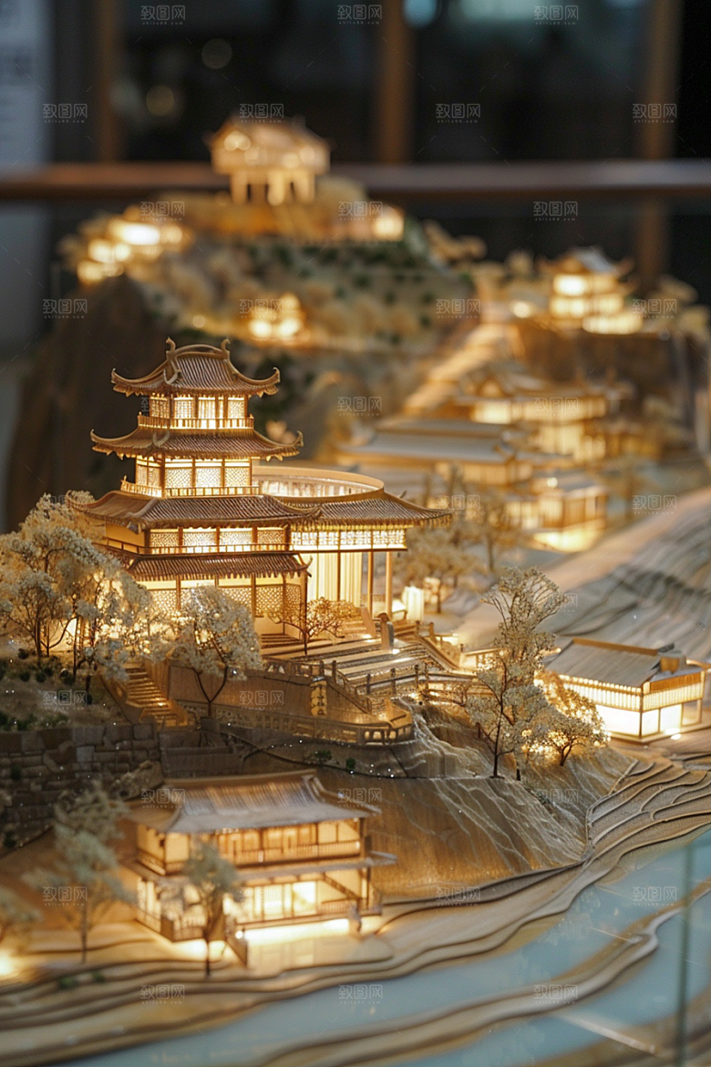 国潮光效建筑传统微距模型