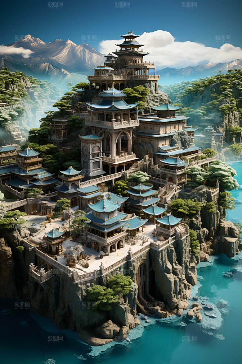 国潮光效建筑时尚赛博朋克模型