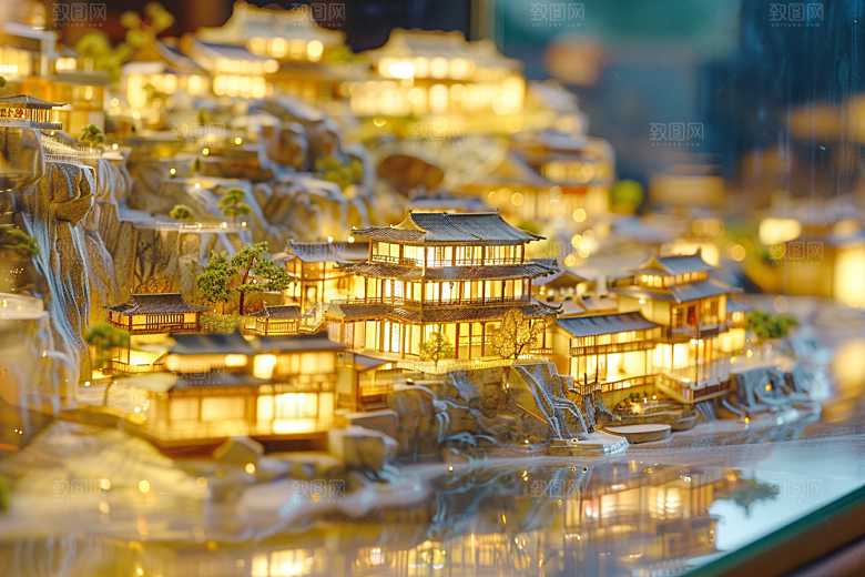 国潮光效建筑质感中国风模型