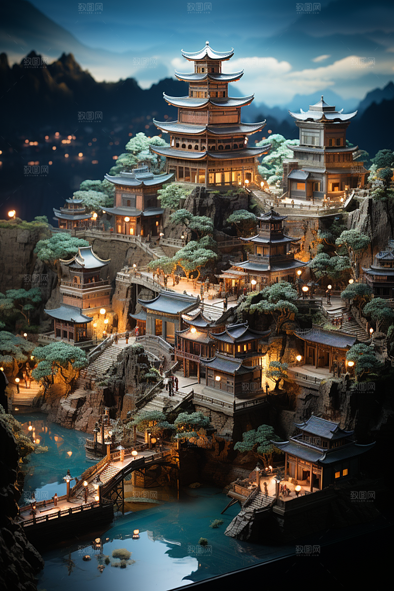 国潮光效建筑梦幻幻想风模型