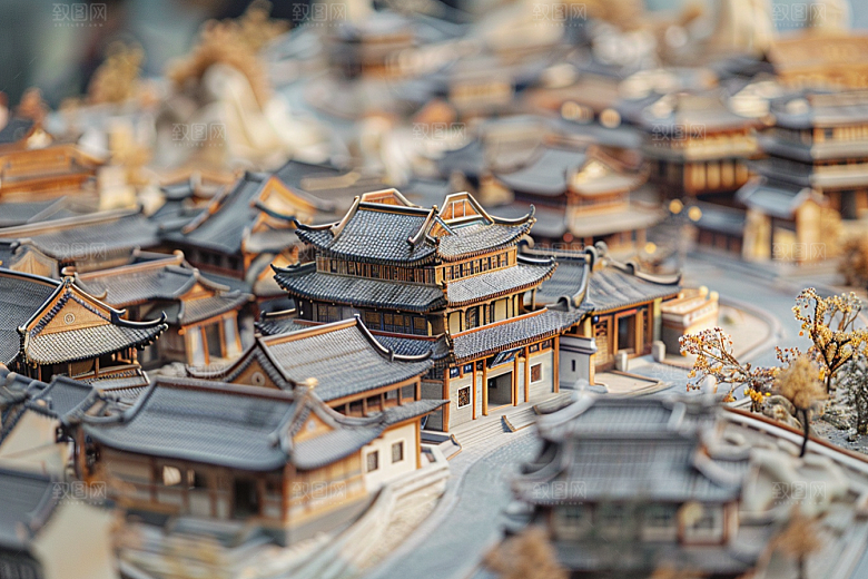 国潮光效建筑山水立体模型