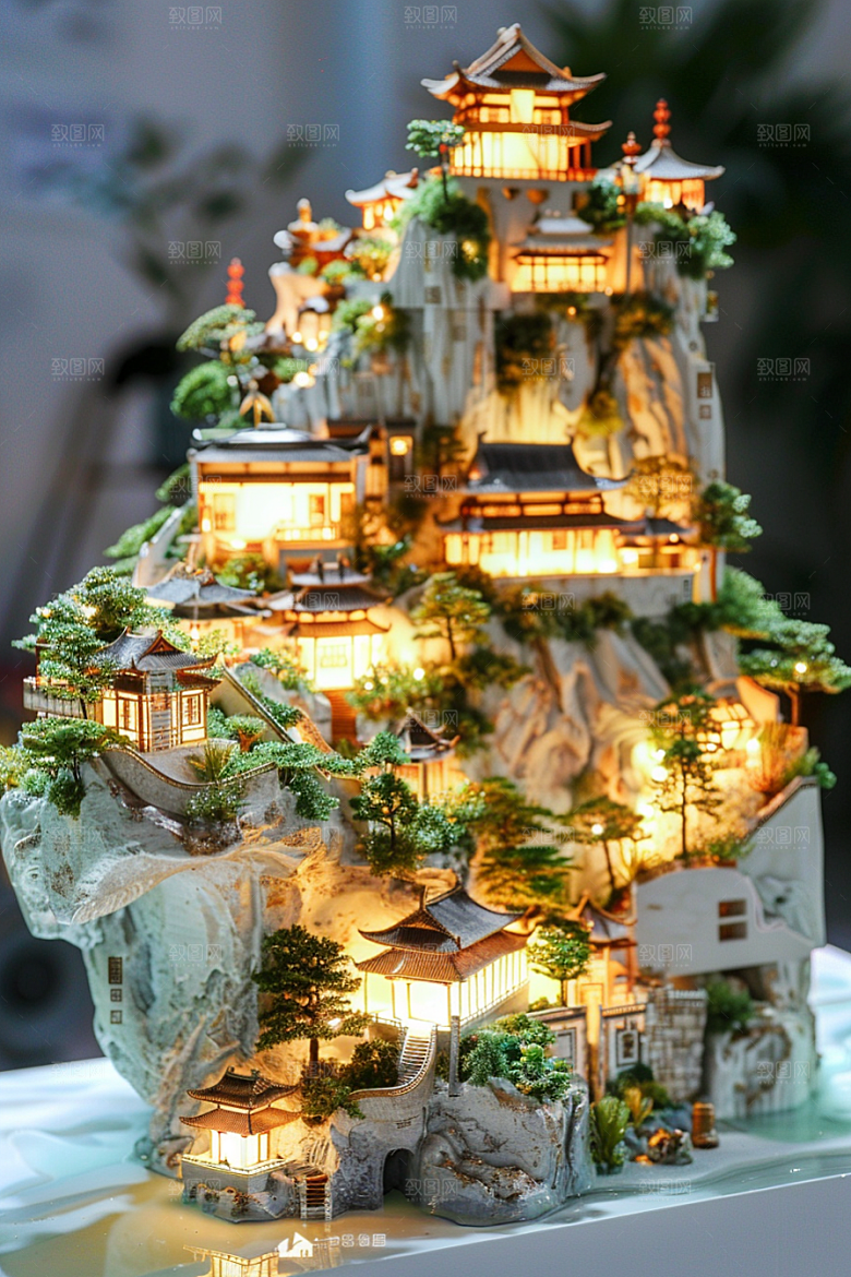 国潮光效建筑立体中国风模型