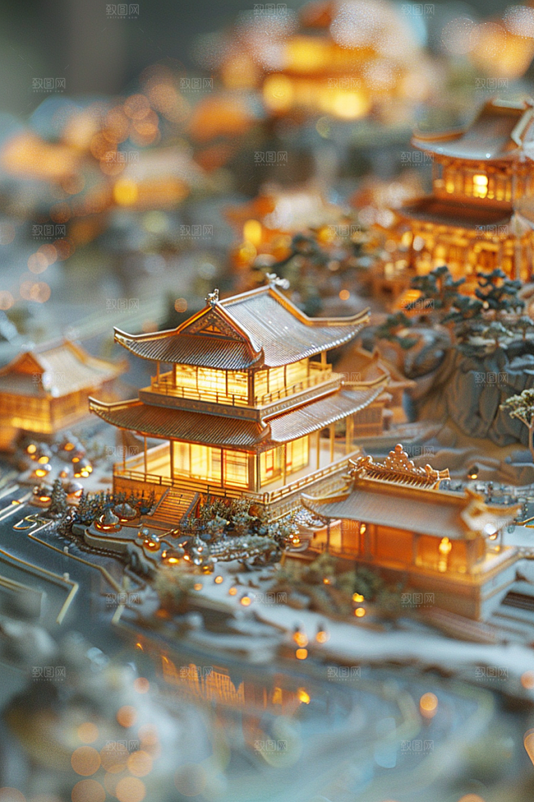 国潮光效建筑质感梦幻模型