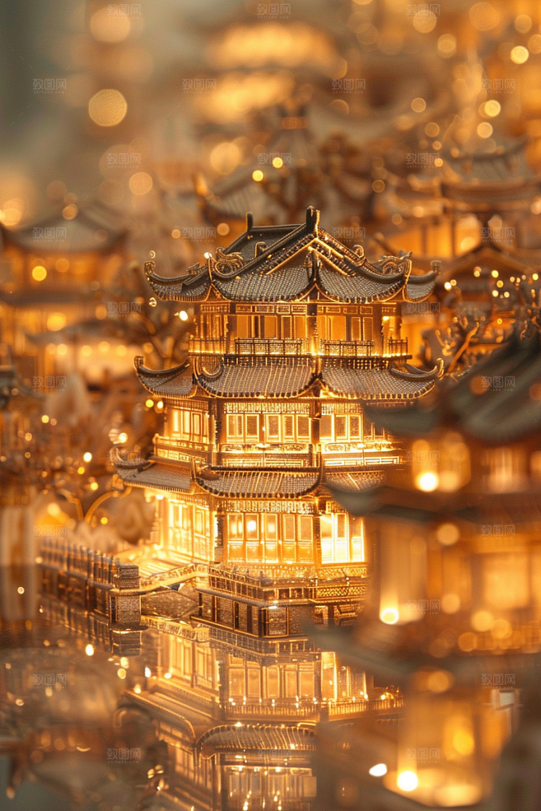 国潮光效建筑时尚山水模型
