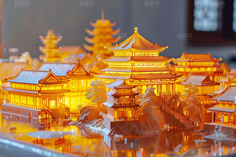 国潮光效建筑质感传统模型