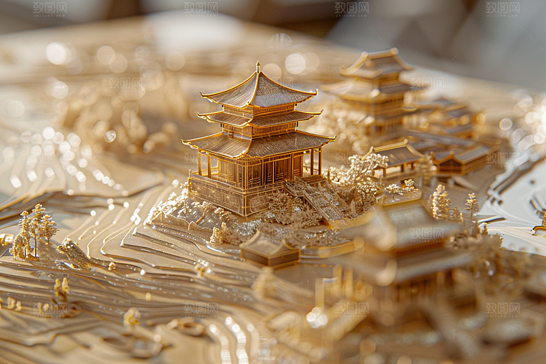 国潮光效建筑山水潮流模型