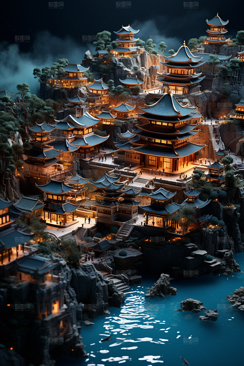 国潮光效建筑梦幻山水模型