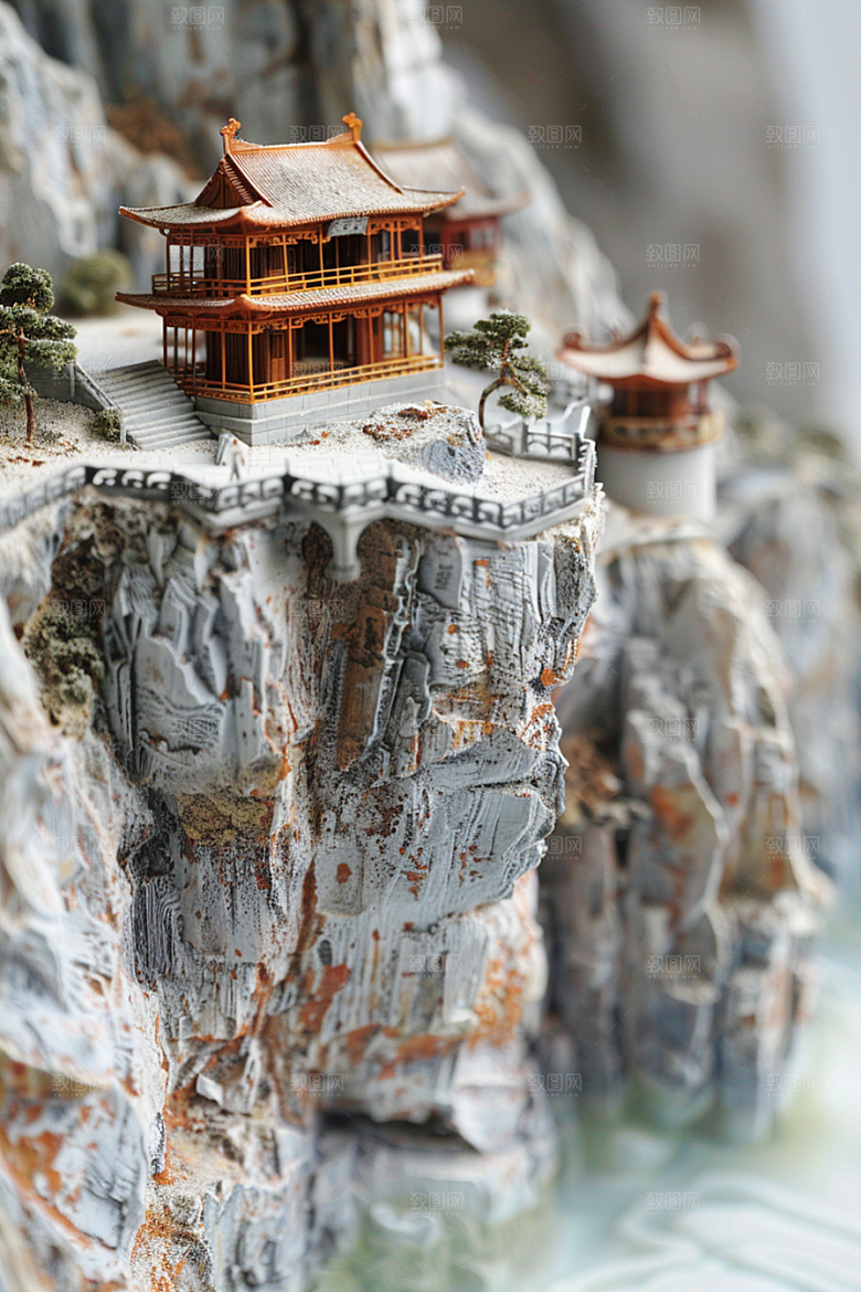 国潮光效建筑梦幻山水模型