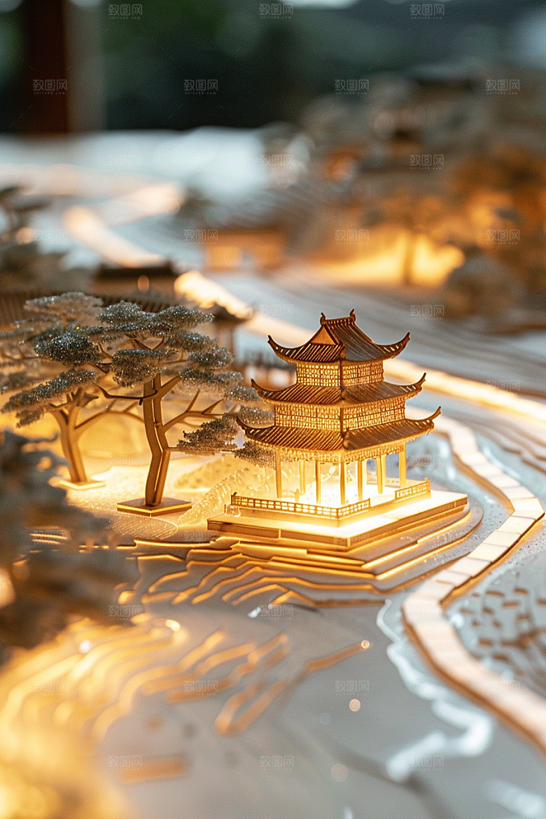 国潮光效建筑潮流中国风模型