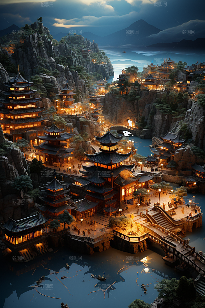 国潮光效建筑中国风山水模型