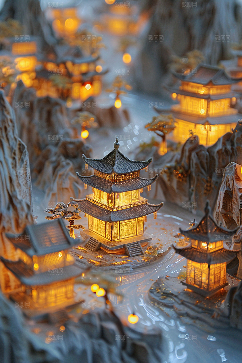 国潮光效建筑立体赛博朋克模型