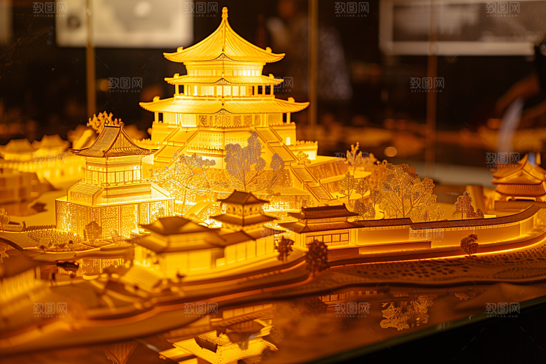 国潮光效建筑时尚山水模型
